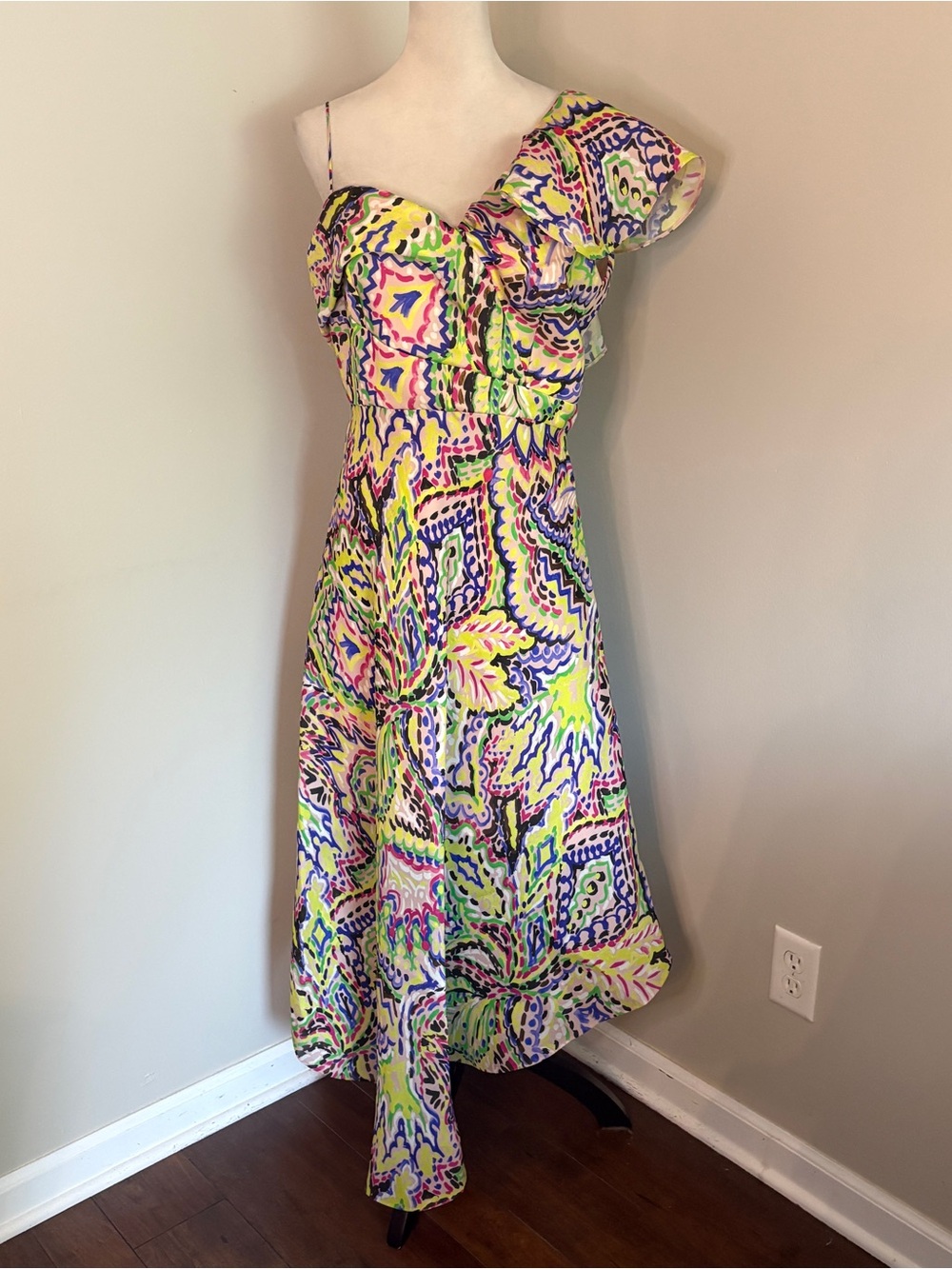 NWT Delpozo One Shoulder Multicolor Asymmetrical Ruffle Midi Dress Size 42 US 10